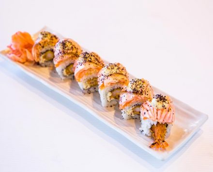 hanazushi Dish Salmon and tempura prawn aburi roll 440x354 - Salmon and Tempura Prawn Aburi Roll