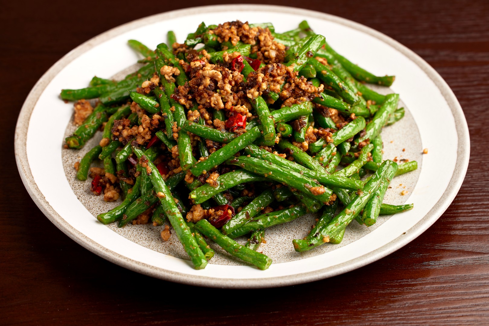 Stir fried beans with pork mince