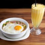 Sunni Cafe Leg Ham and Macaroni Soup with Fresh Orange Juice scaled