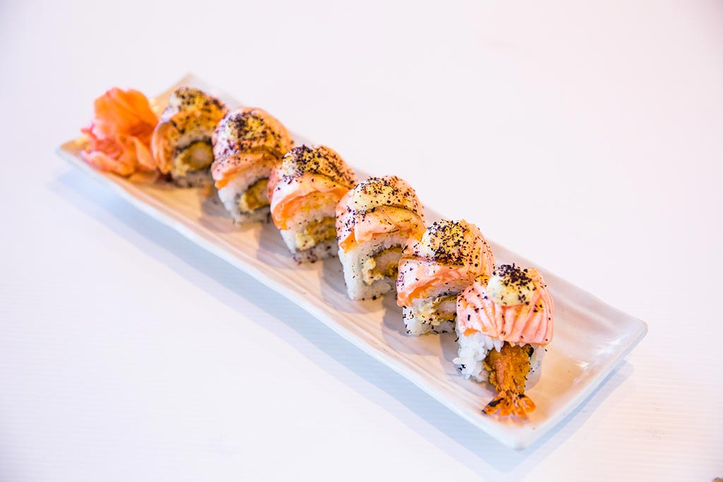 Salmon and Tempura Prawn Aburi Roll